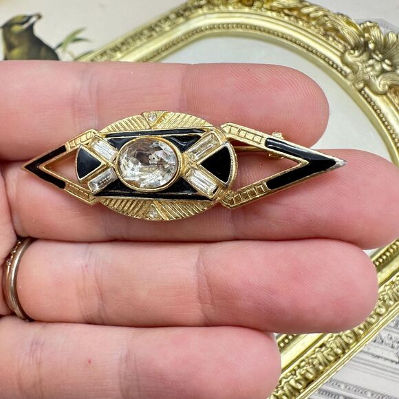 Vintage Jewelry Art Deco Black and Gold Tone Rhinestone Modern Brooch - Picture 12 of 14